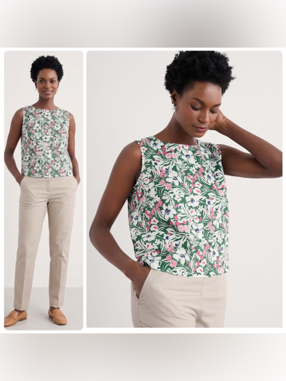 Seasalt Cornwall Color Study 100% Linen Green White Floral Top Boatneck Size 8 - Picture 12 of 12